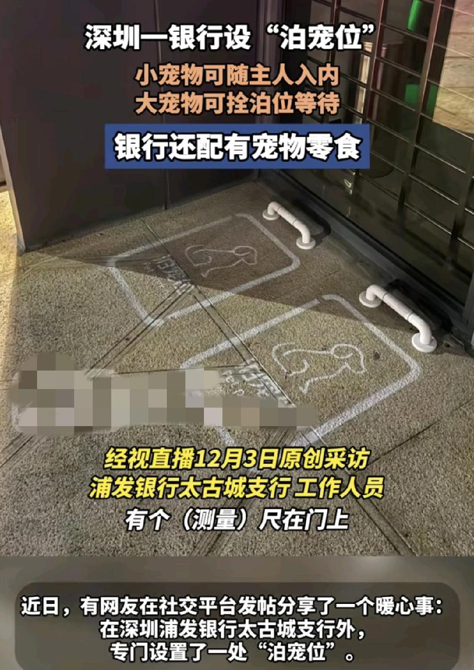深圳浦发银行太古城支行有网友发现最近银行门口专门设置了“泊宠位”，客户在办业务的