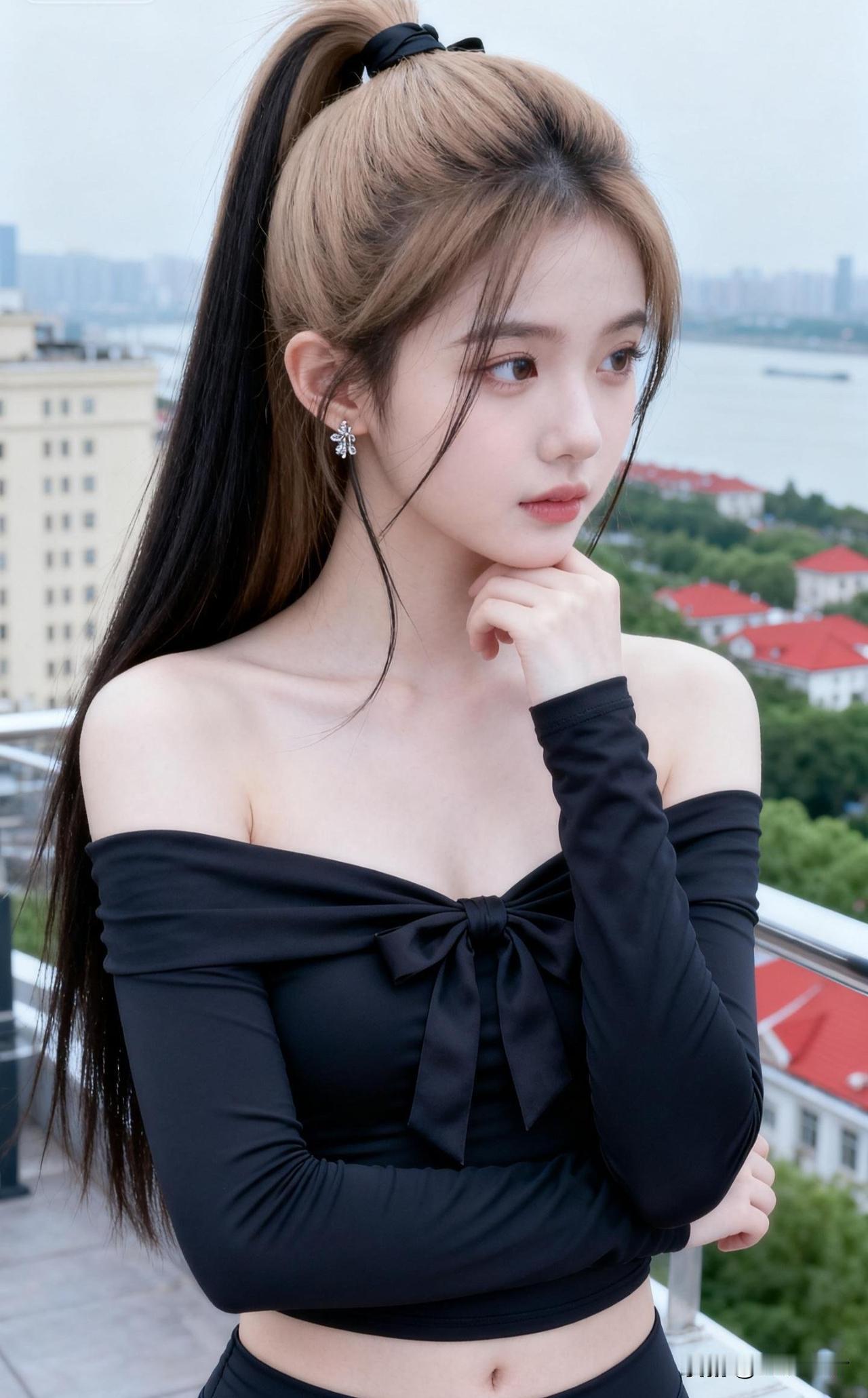 都市少女风，黑丝带露肩装，时尚又优雅