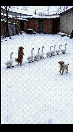 下雪了狗子正准备溜出去玩，经过一群大鹅时，它总感觉到哪里有点不对劲，怎么有只鹅长