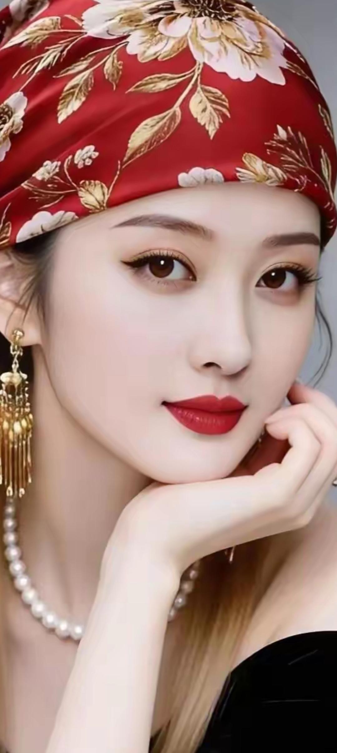 复古优雅，红头巾搭配珍珠项链，尽显东方韵味