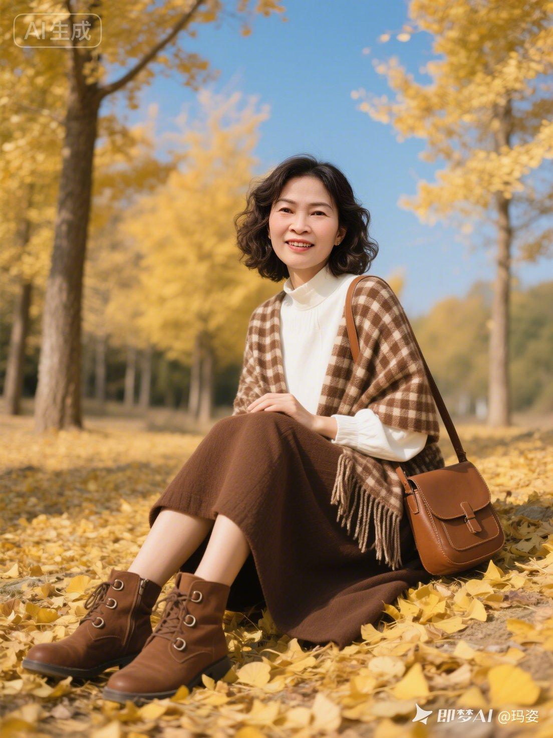 秋天公园里，她笑得好开心。