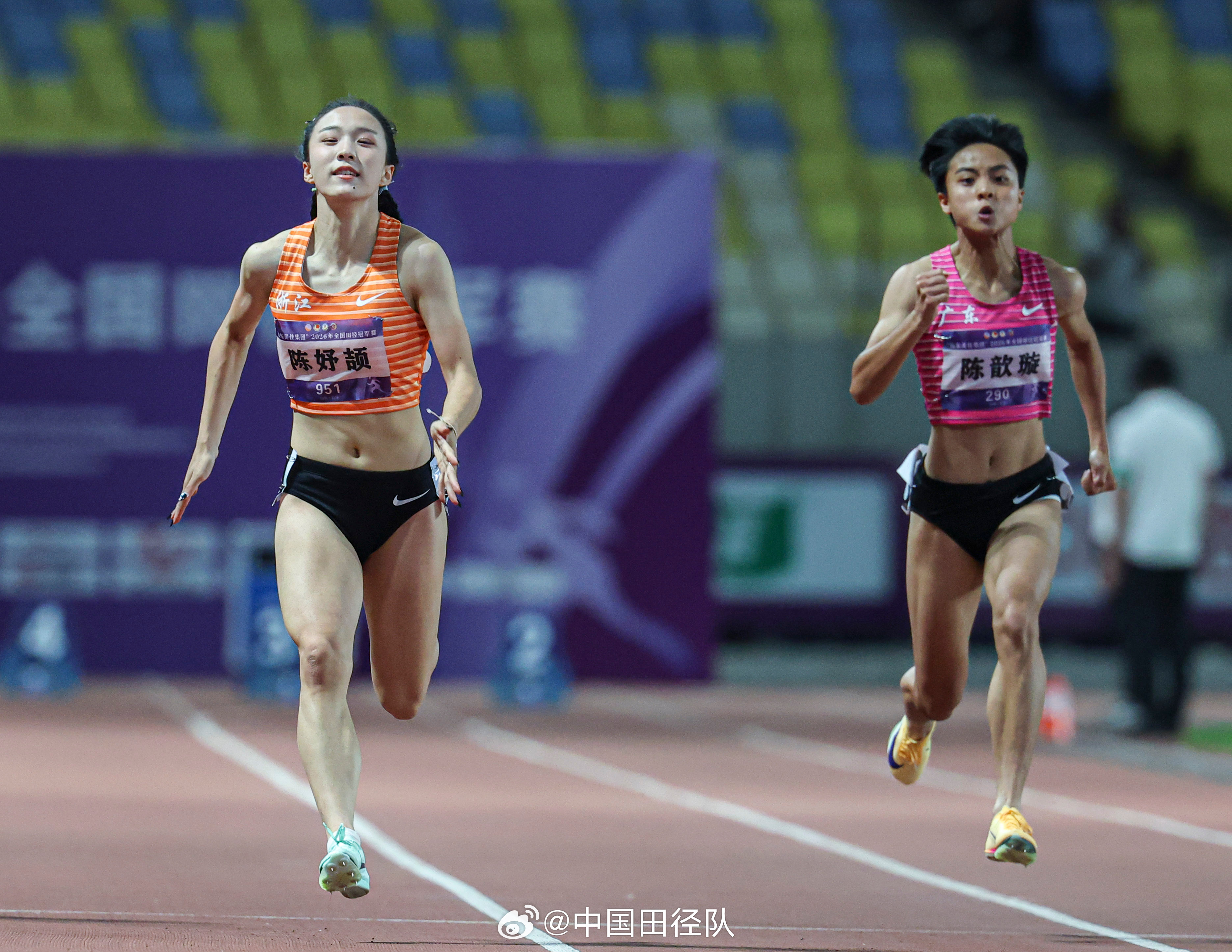 2026年全国田径冠军赛 6月27日晚间，陈妤颉在逆风1.6m/s的风速下，以1