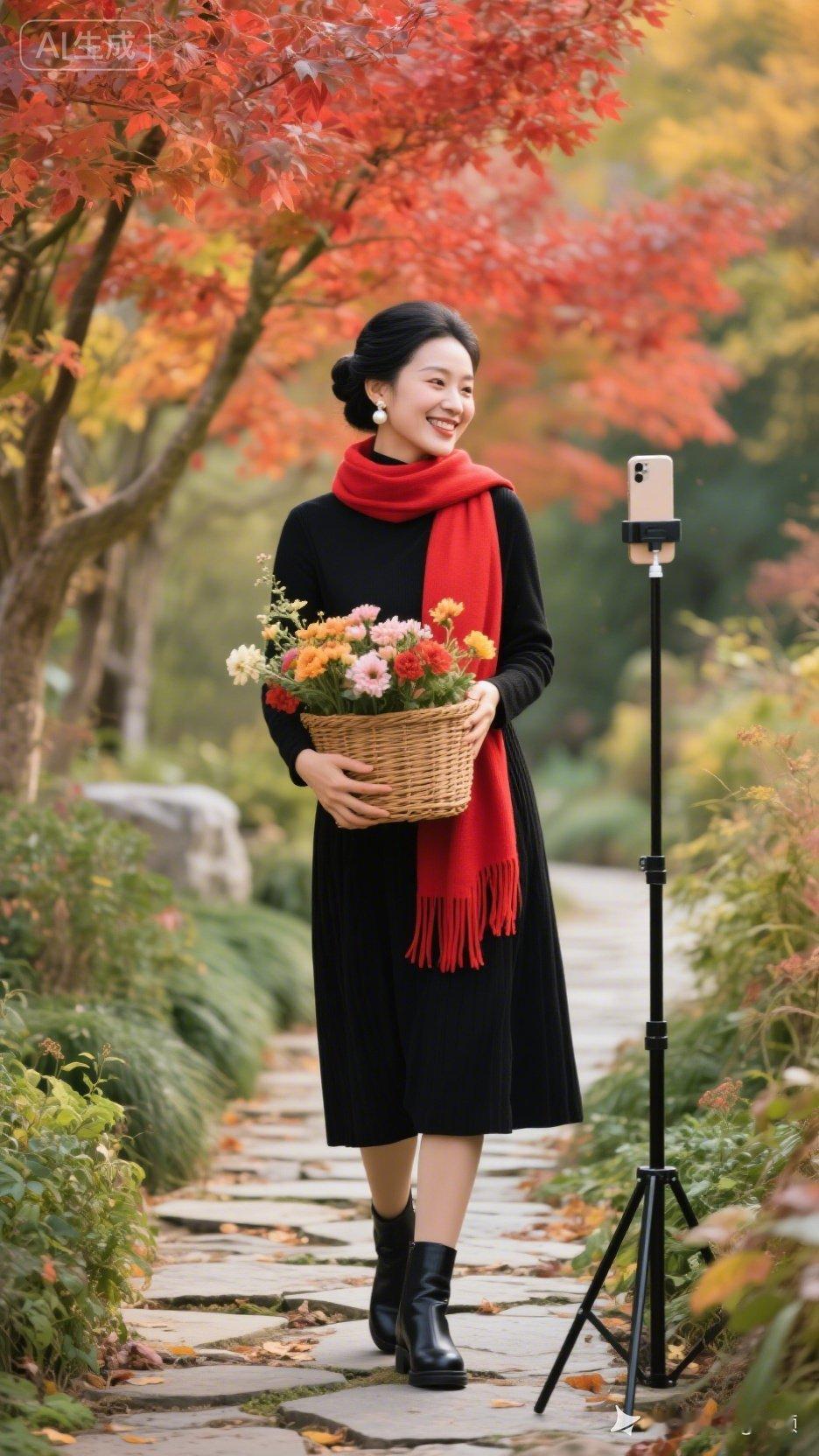 秋日漫步，红叶与花篮相伴，温暖与美丽同在。🍂🌸💕