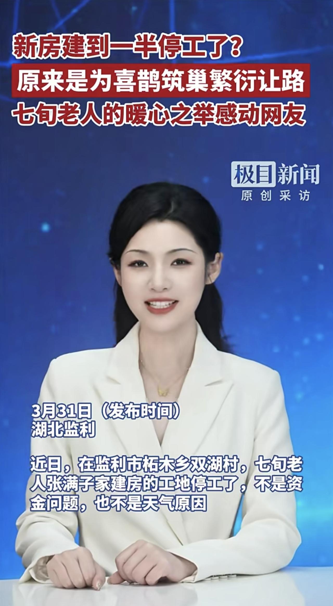 新房建到一半停工了？原来是为喜鹊筑巢繁衍让路，七旬老人的暖心之举感动网友