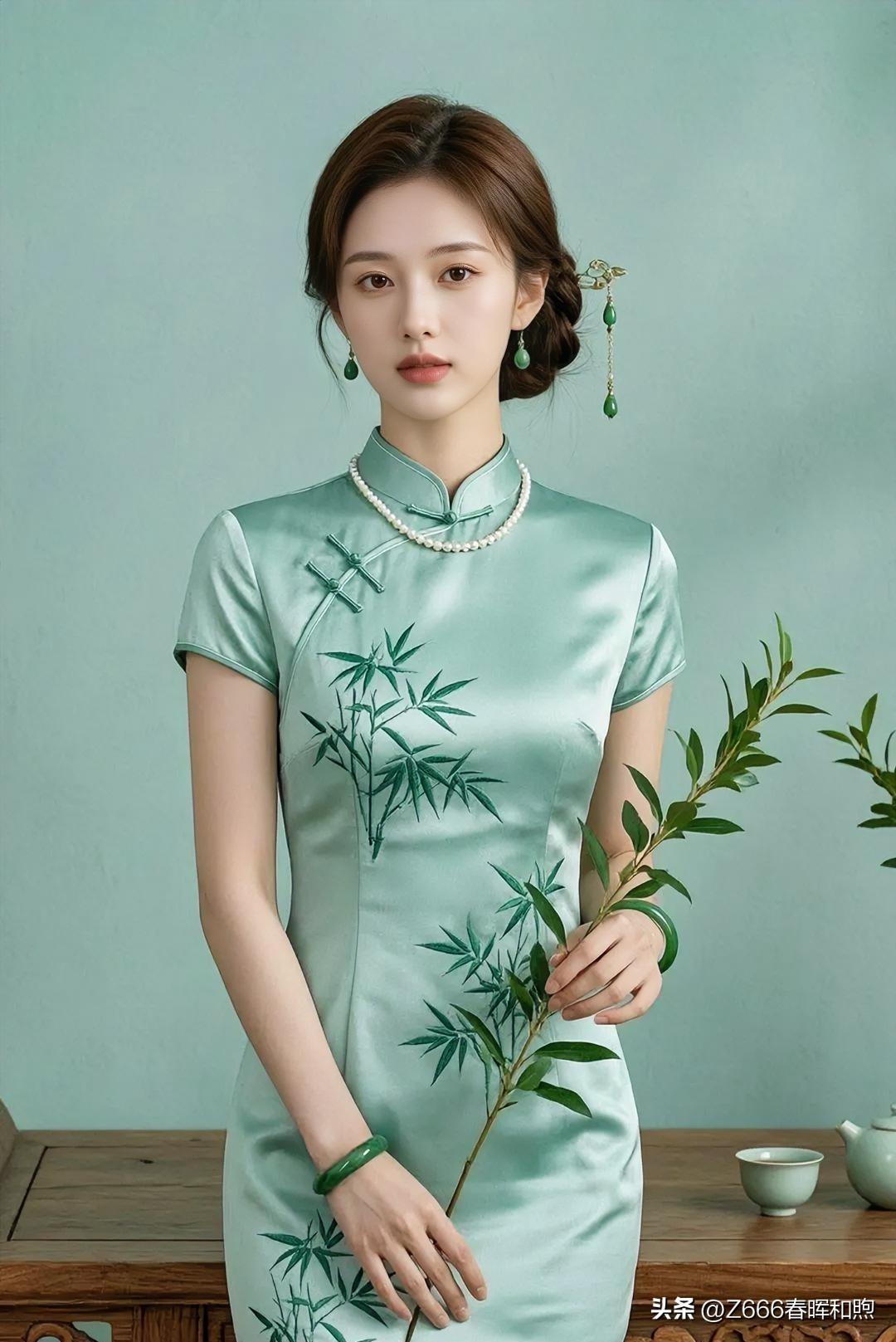 碧色生香，竹影入画。温润珠链点缀素雅旗袍，执一抹新绿，于茶烟袅袅中静绽优雅，宛如