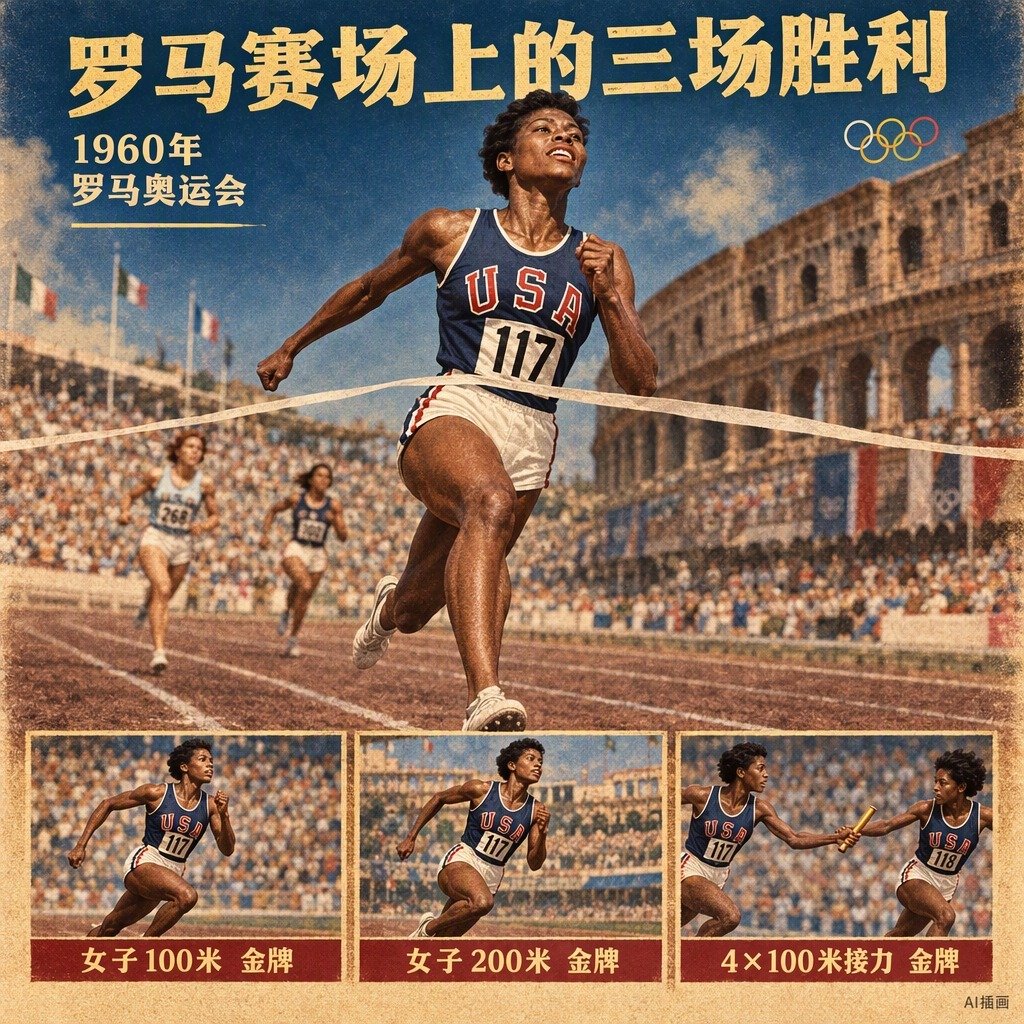 1960年罗马奥运会结束后，威尔玛·鲁道夫带着三枚金牌回到美国田纳西州克拉克斯维