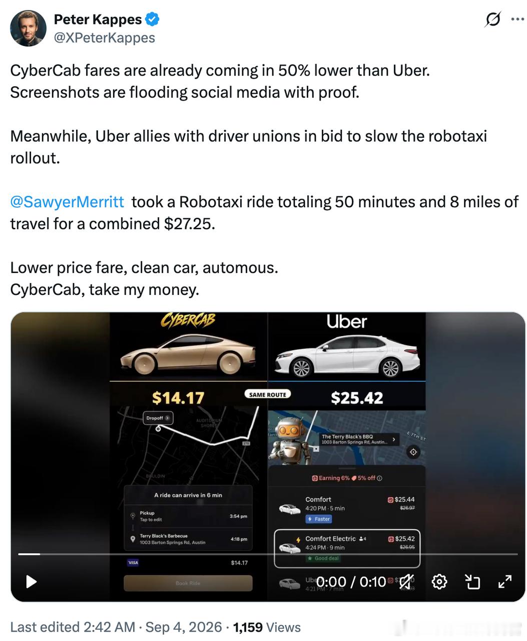 Cybercab目前已经在美国得克萨斯州奥斯汀限定区域开始运营，初期投放只有45