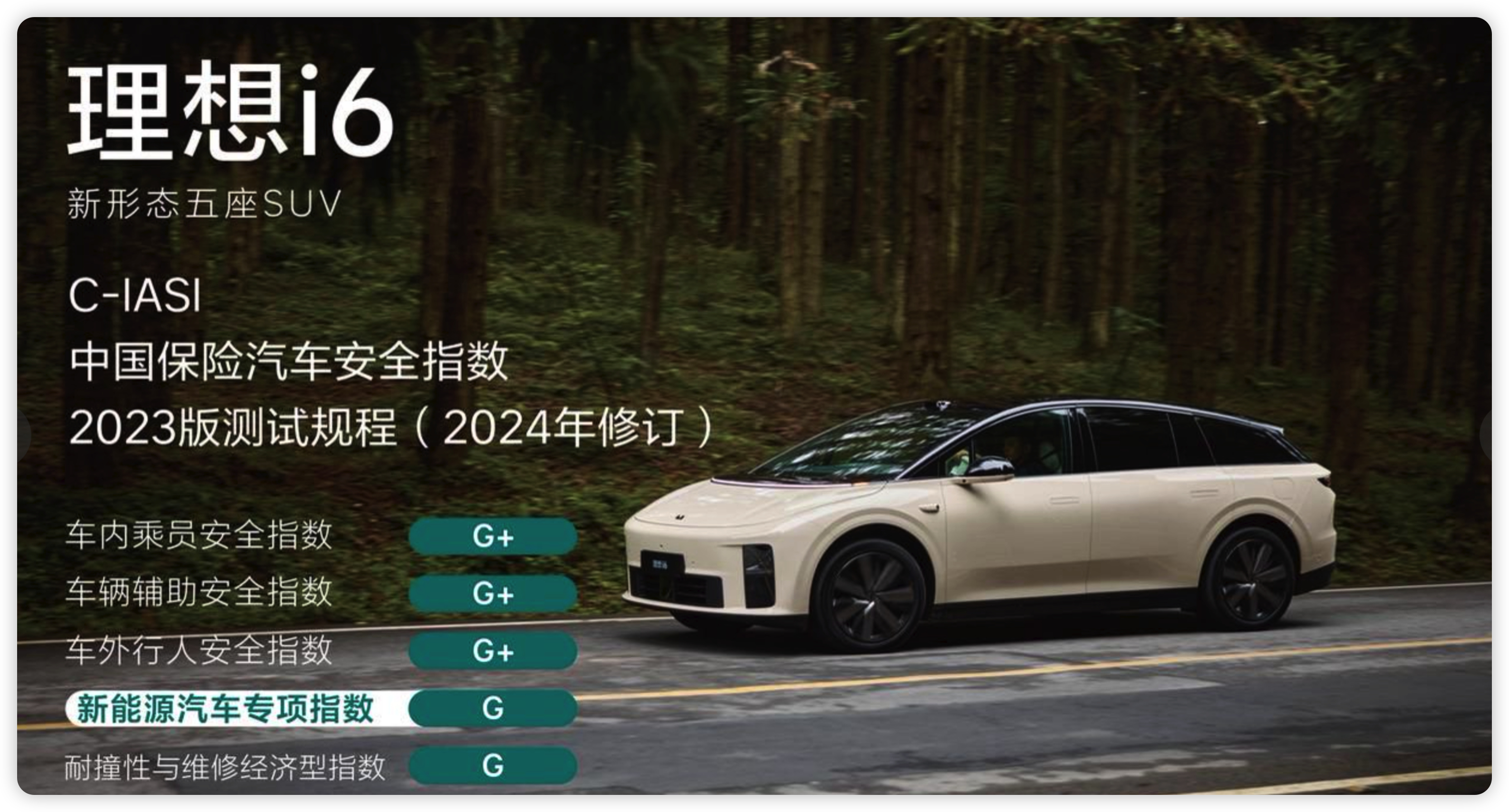 3月26日，中国保险汽车安全指数测评结果公布：理想i6荣获“5G”全优评级，与理