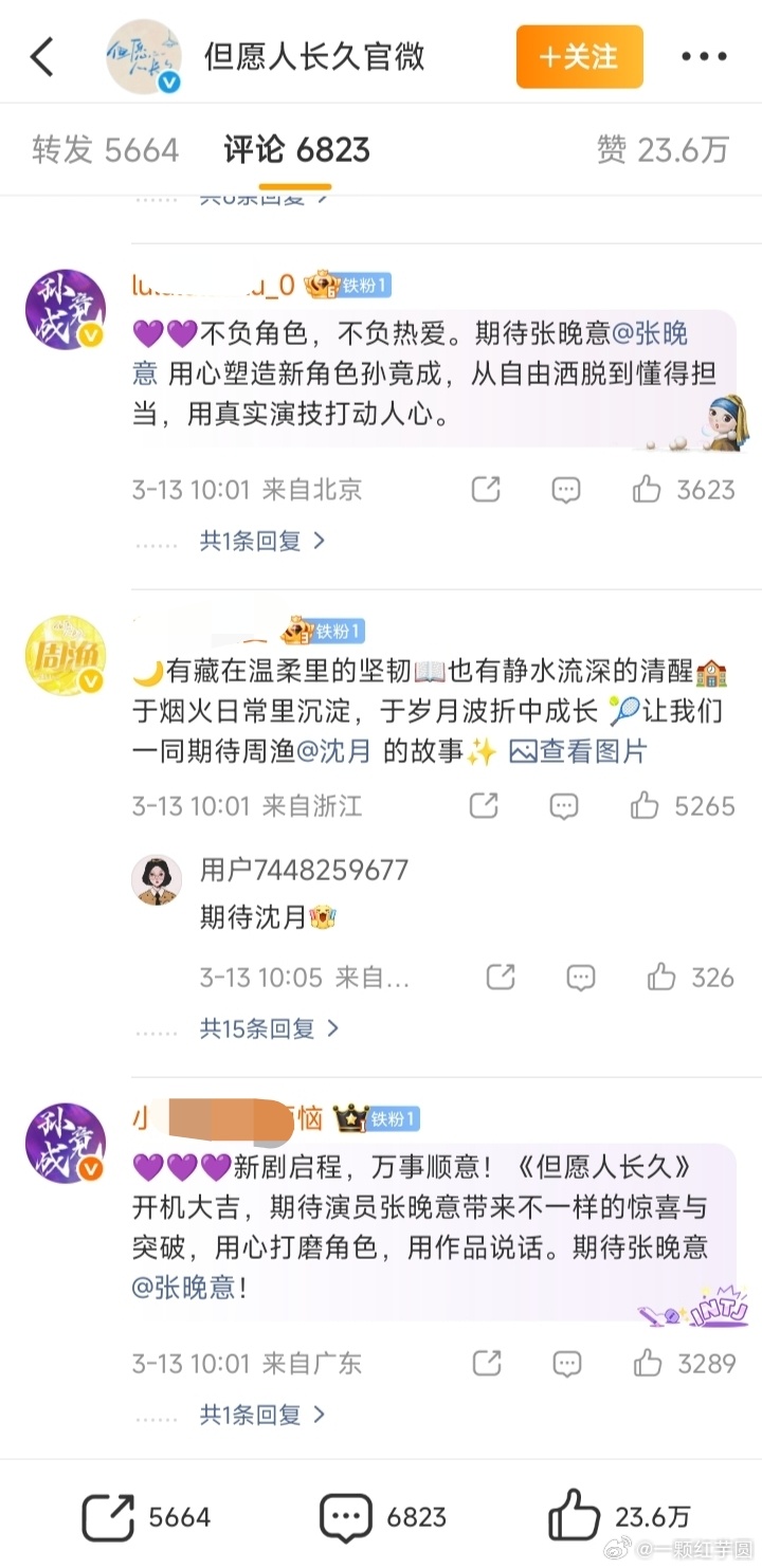 但愿人长久热评情况:男女主张晚意、沈月粉丝之前各有千秋。张晚意粉丝最后占据了官微
