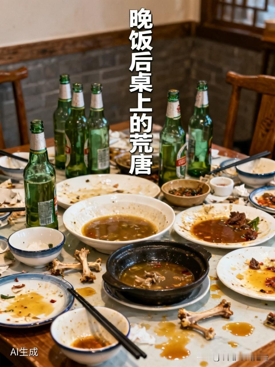 晚饭后桌上的荒唐
文/曾祥国残红
晚饭后桌上的荒唐
桌子上的啤酒瓶七倒八歪
七碟