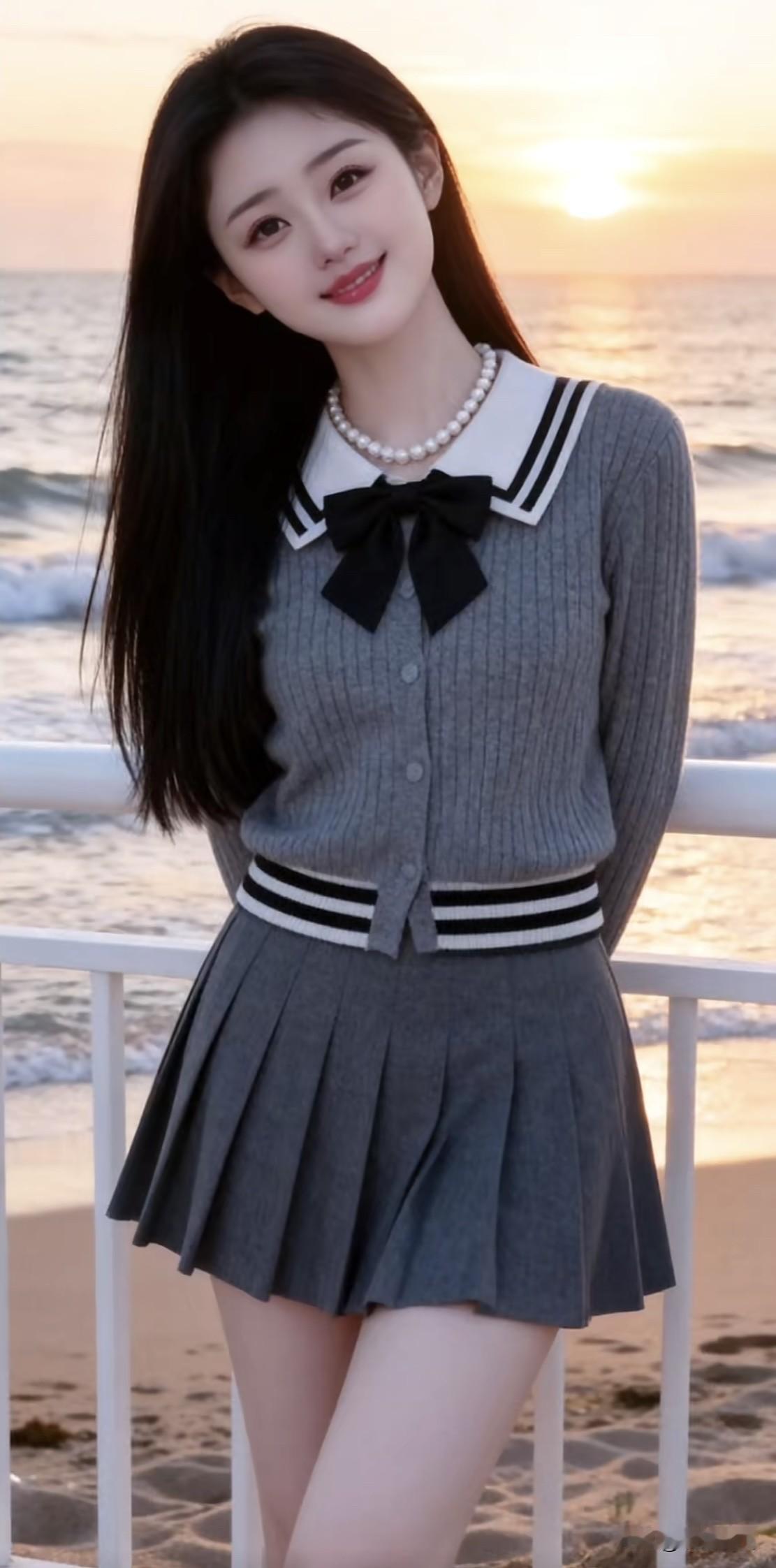 海边少女风，甜美校园穿搭，珍珠项链与海浪相映成趣。度假风女神穿搭 海边穿搭风格 