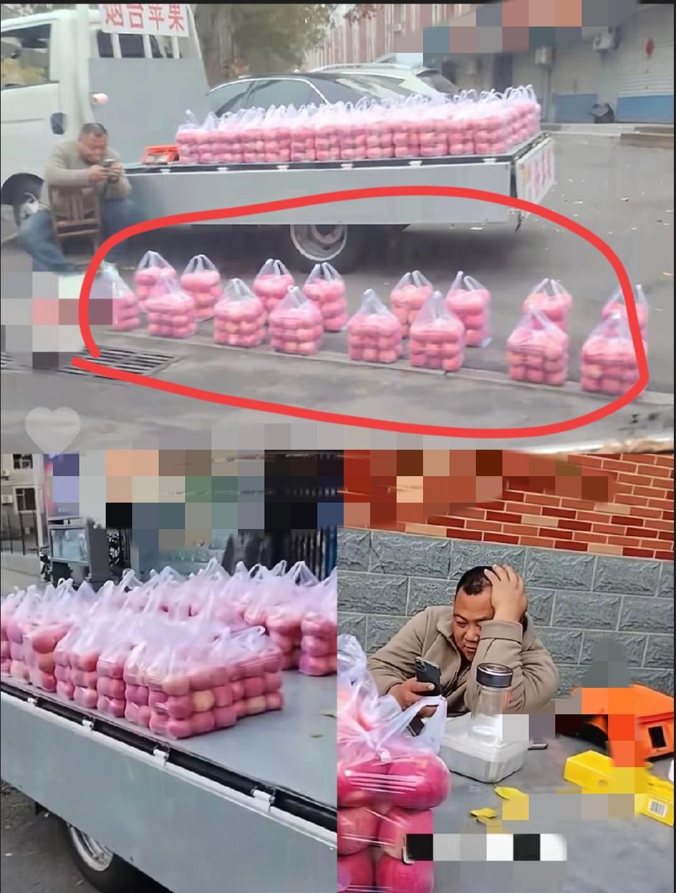 这位大哥，还没意识到自己要“火出圈”的严重性吧！卖苹果摆得整整齐齐，被问是不是当