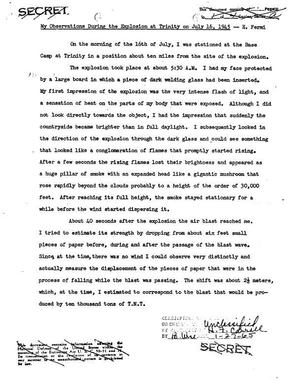 历史上的7月16日，1945年，第一颗原子弹爆炸的日子。大物理学家费米现场记录，