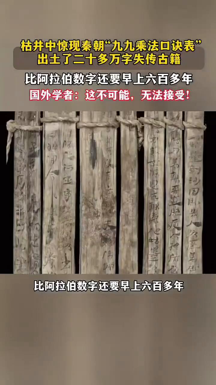 枯井中惊现秦朝"九九乘法口诀表"，出土了二十多万字失传古籍。
枯井中惊现秦朝九九