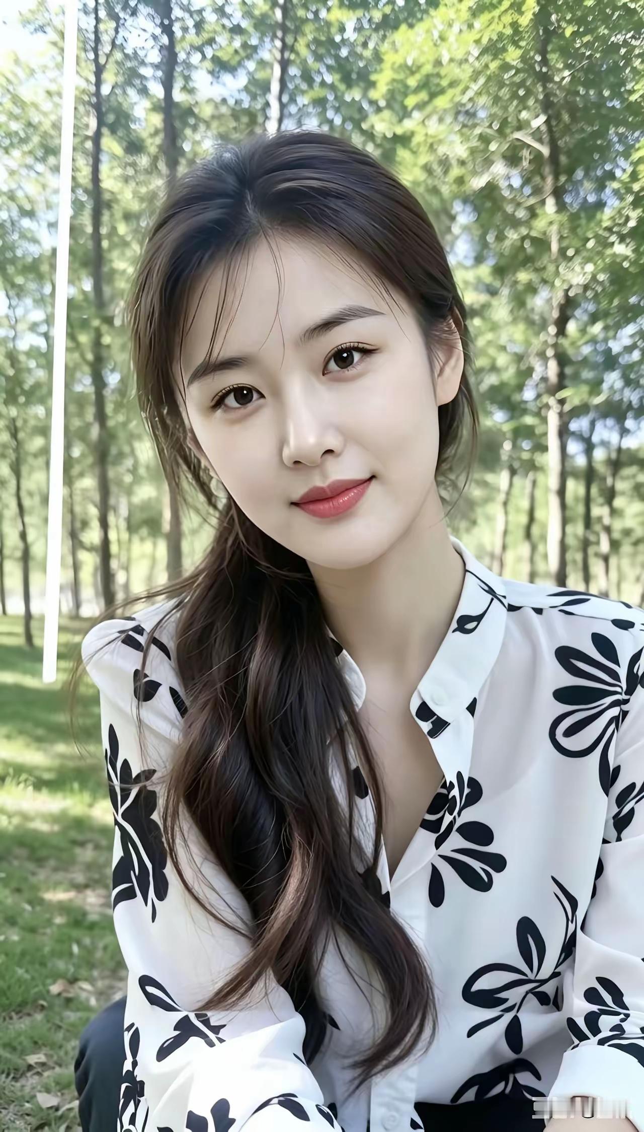 阳光明媚，她在林间微笑。