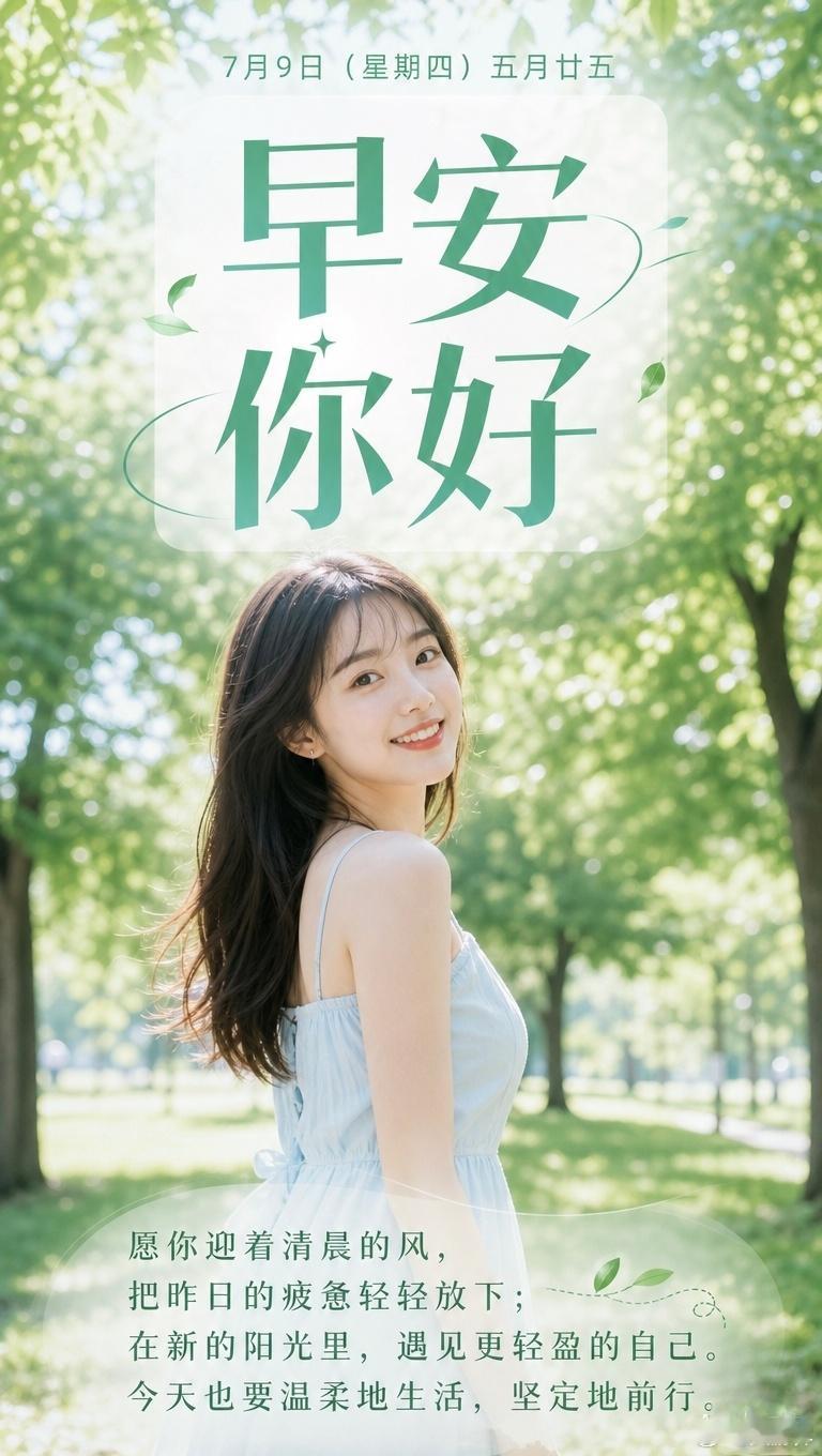 7月9日（星期四）丙午年五月廿五早安你好愿你迎着清晨的风，把昨日的疲惫轻轻放下；