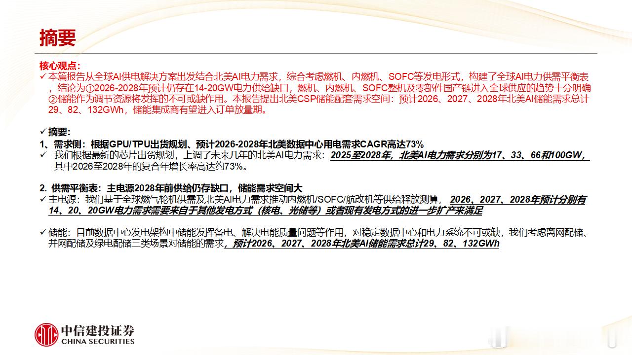 中信建投：①2026-2028年预计仍存在14-20GW电力供给缺口，燃机、内燃