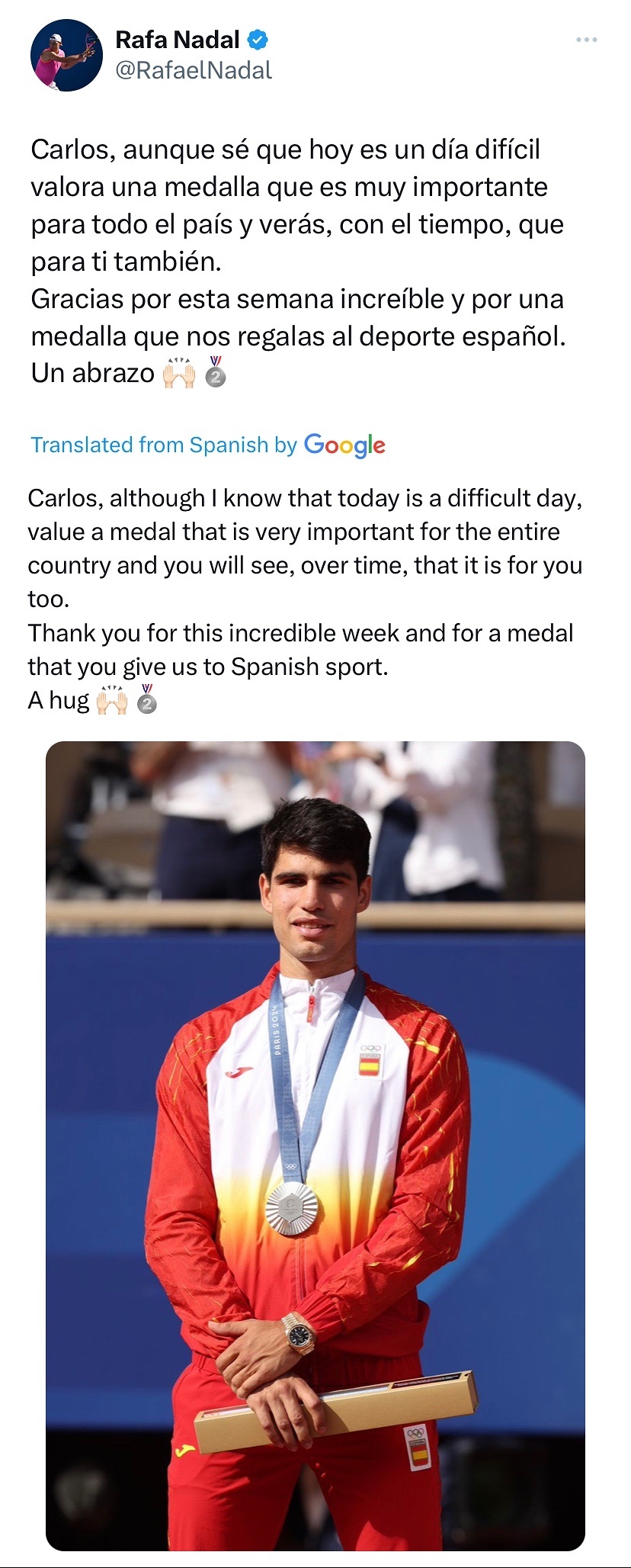 纳达尔在社交媒体发文安慰了奥运会决赛落败的阿尔卡拉斯，同时也向完成职业生涯金满贯