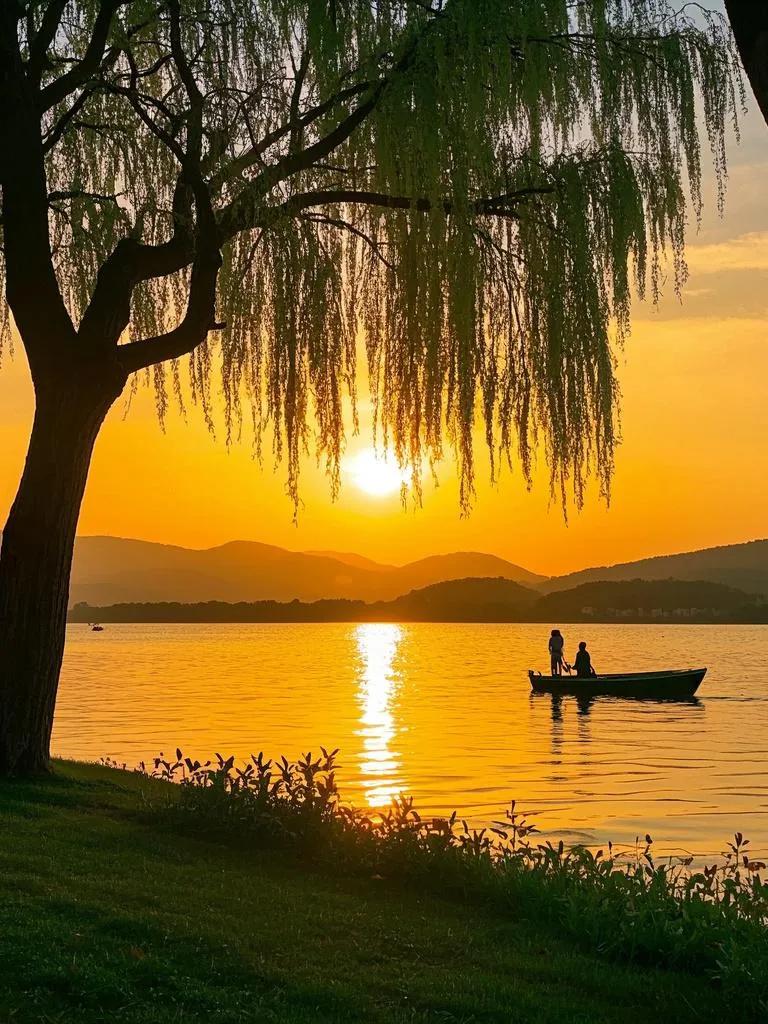 夕阳照太湖，金辉满镜湖。轻舟划破琉璃影，岸树摇来翡翠珠。仙境迷人忘世俗。最灿莫过