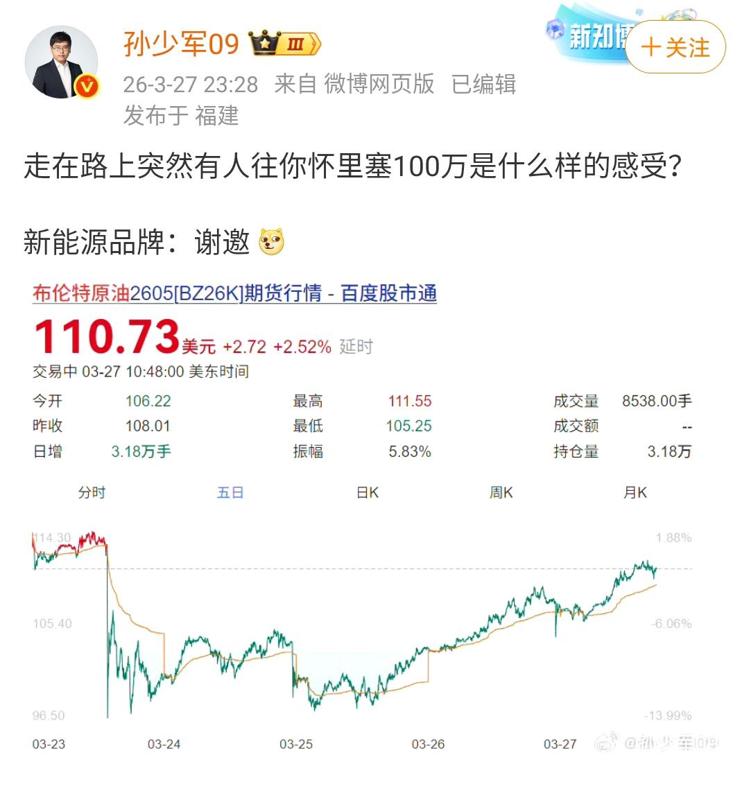 孙少军：走在路上突然有人往你怀里塞100万是什么样的感受？新能源品牌：谢邀[狗头