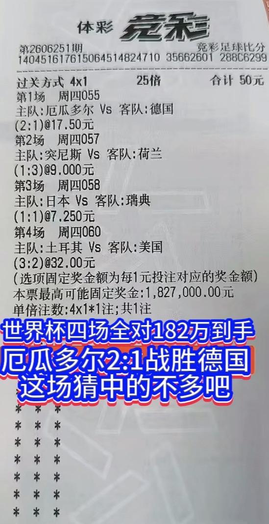 这真是太厉害了，世界杯4场比分全部猜中，182万到手，厄瓜多尔2:1战胜德国竟然