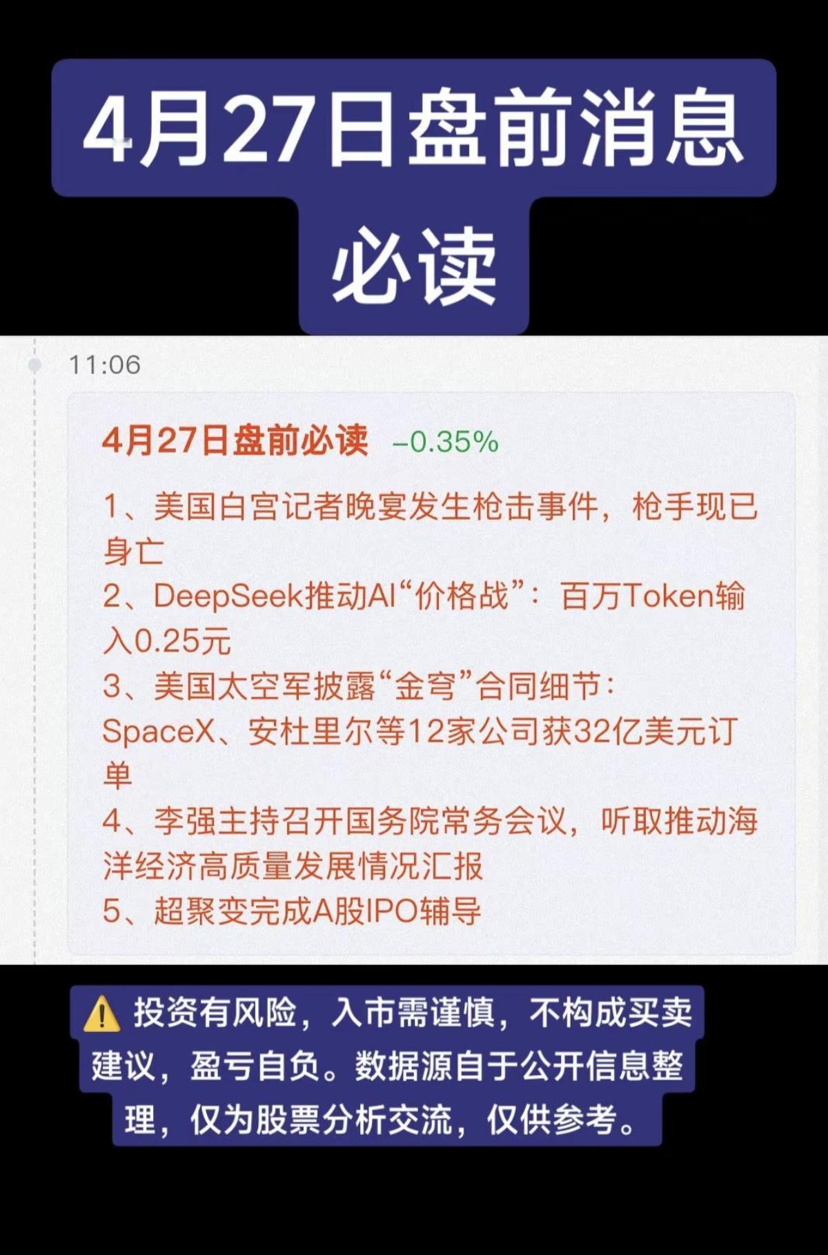 4.27周一  盘前  财经热点信息汇总！

1.安防，白宫枪击
2.华为昇腾