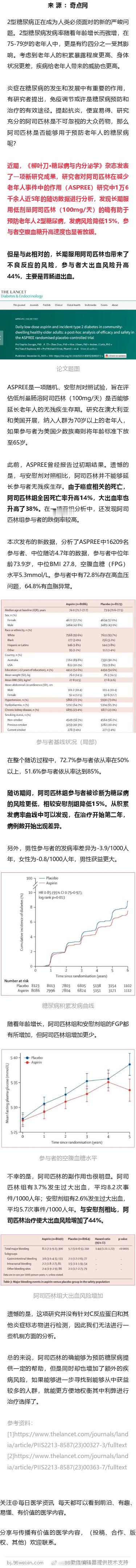 《柳叶刀》子刊：阿司匹林预防老年人糖尿病有利有弊！万人临床试验显示，低剂量阿司匹