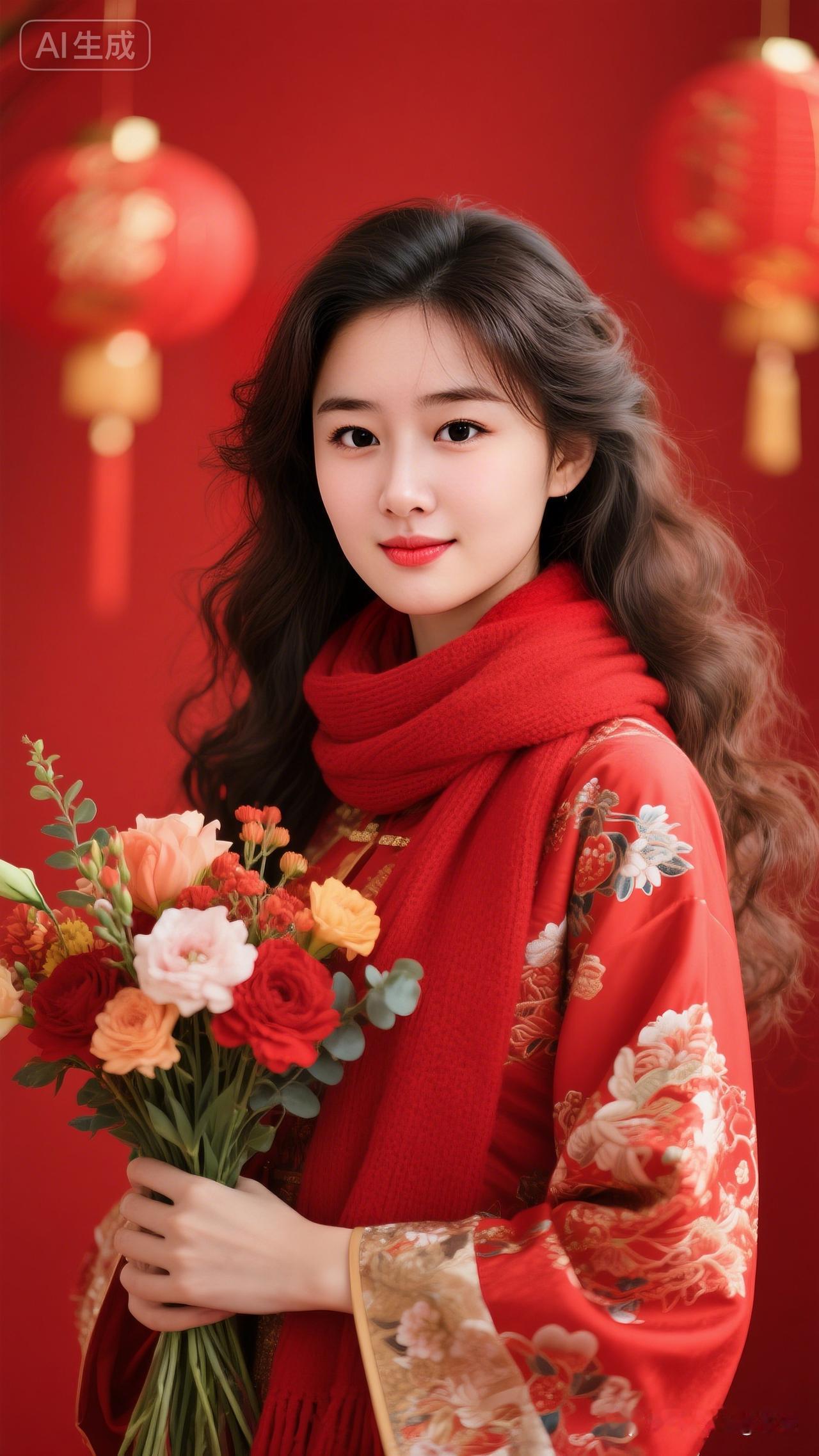 新年快乐！红红火火的新年穿搭，手捧鲜花，幸福满满！🎉💐