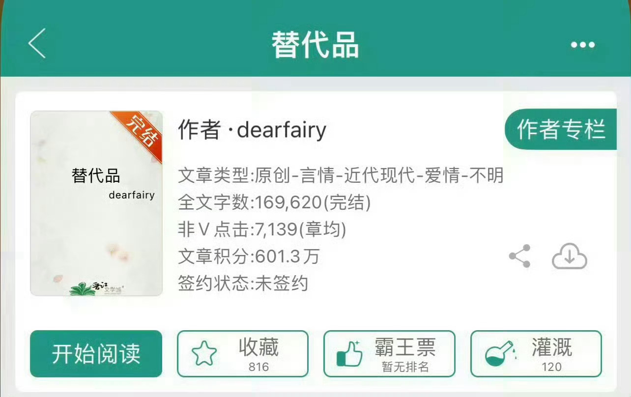 小说推荐：《替代品》 作者:dearfairy简评：美艳小妖精vs禁欲检察官，替