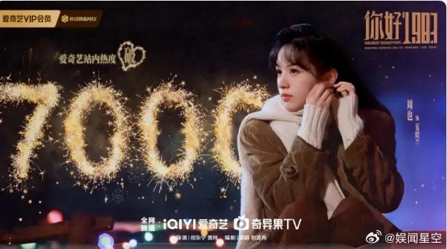 周也《你好1983》首日数据！首播云合占比2%，播放量430万，爱奇艺站内热度5
