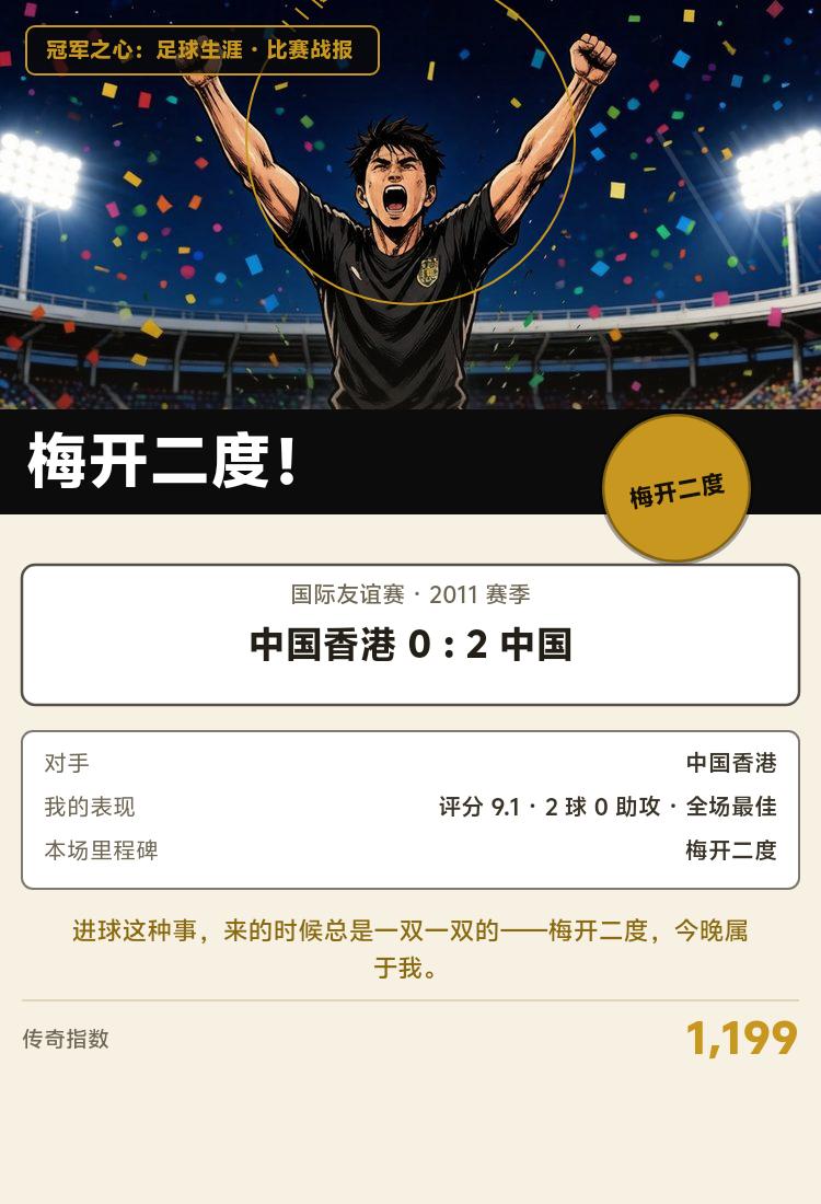 梅开二度！今晚我是主角
打完国际友谊赛：中国香港 0 : 2 中国，对手是中国香