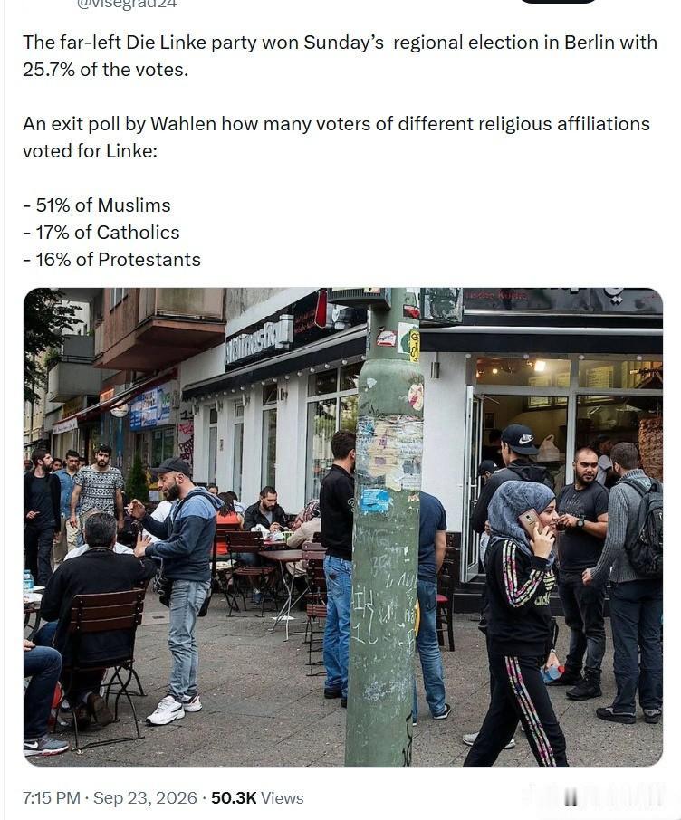 极左翼左翼党以25.7%的得票率，赢得周日柏林地区选举。
Wahlen的一项出口