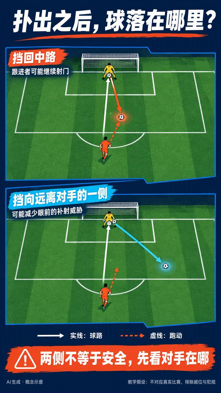 门将扑出射门后，球落在哪里同样值得看门将飞身把球挡出，掌声刚起来，对手却已经准备