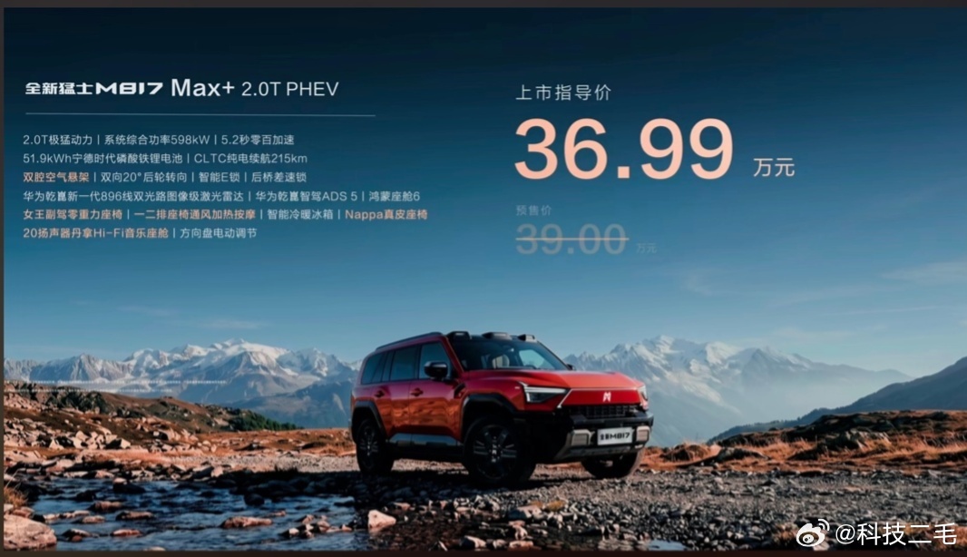 全新猛士 M817 正式上市，各版本车型价格信息如下：Mate 1.5T PHE