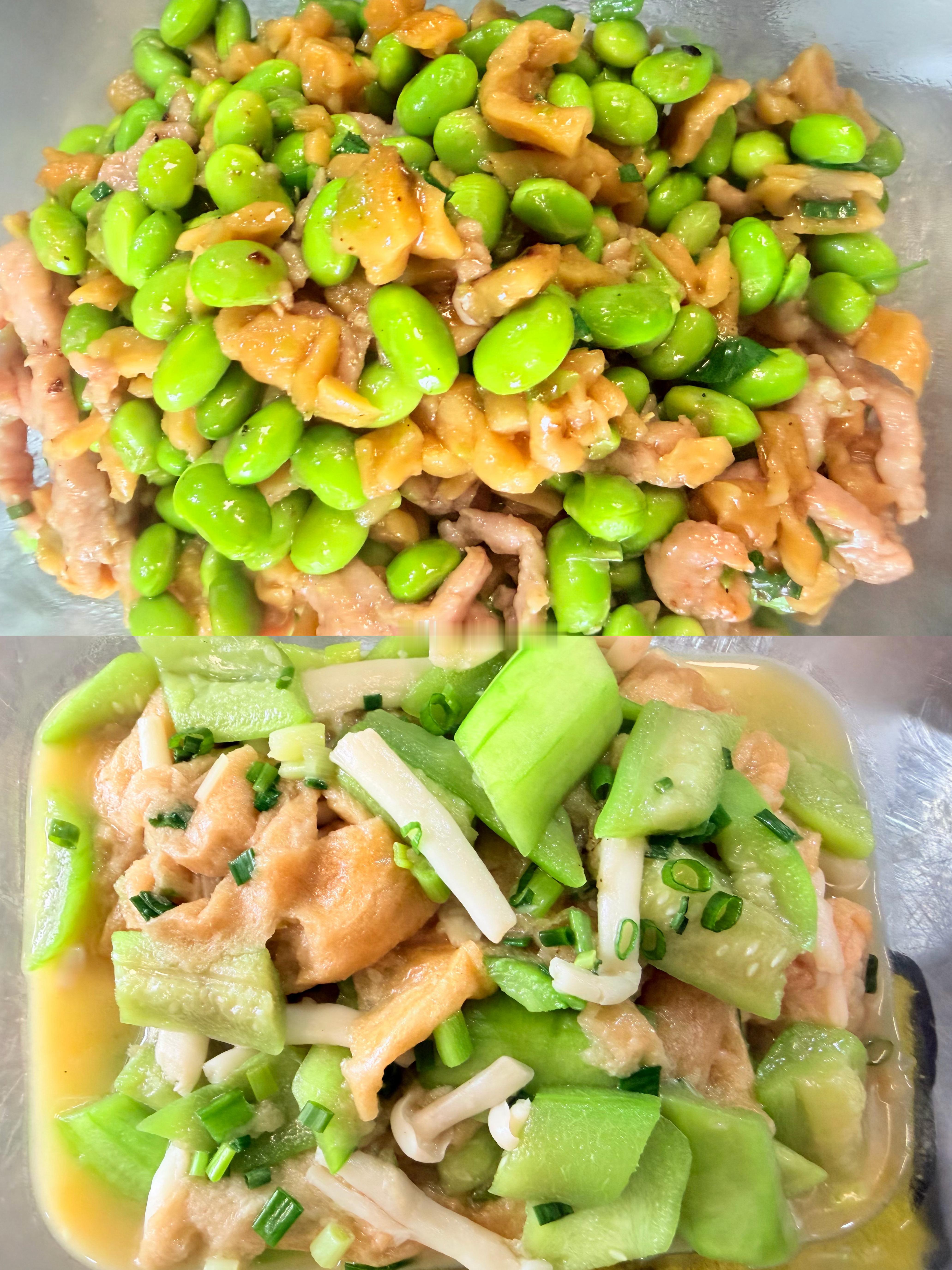 夜深了，开始干饭，这口热乎萝卜干肉丝炒毛豆➕面筋丝瓜（报吃）。岑先生美食分享好好