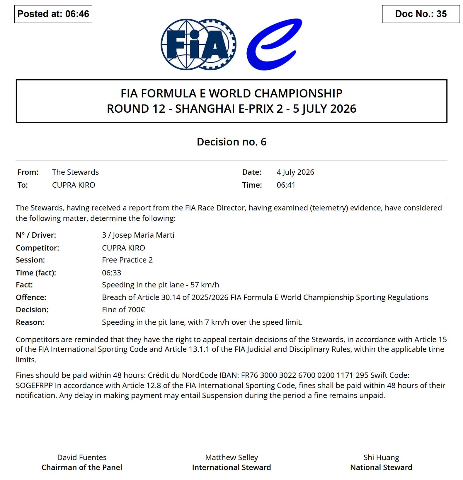 FormulaE2026fe电动方程式上海站 之前马蒂因为二练在维修区超速，被罚