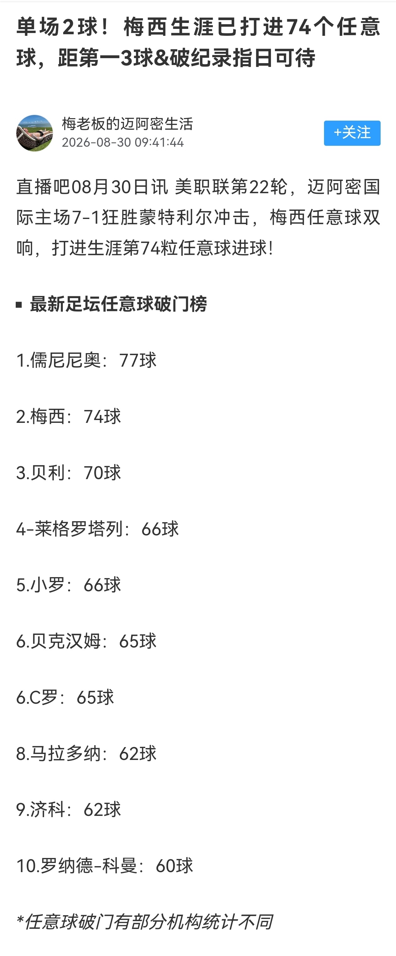 💥这回可说好了，第一是儒尼尼奥，是77个，可不能变了哦[作揖]🐐本场梅西任意