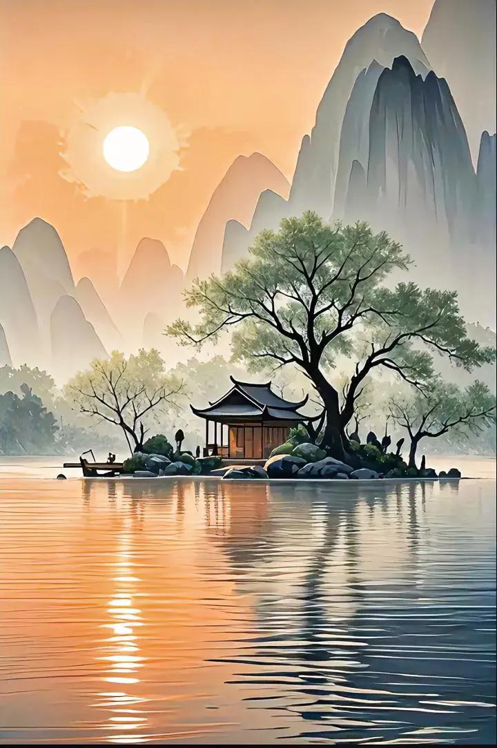 宁静湖畔，古风亭台，如诗如画。
我曾在太湖边漫步，那景色简直令人陶醉。湖水清澈如