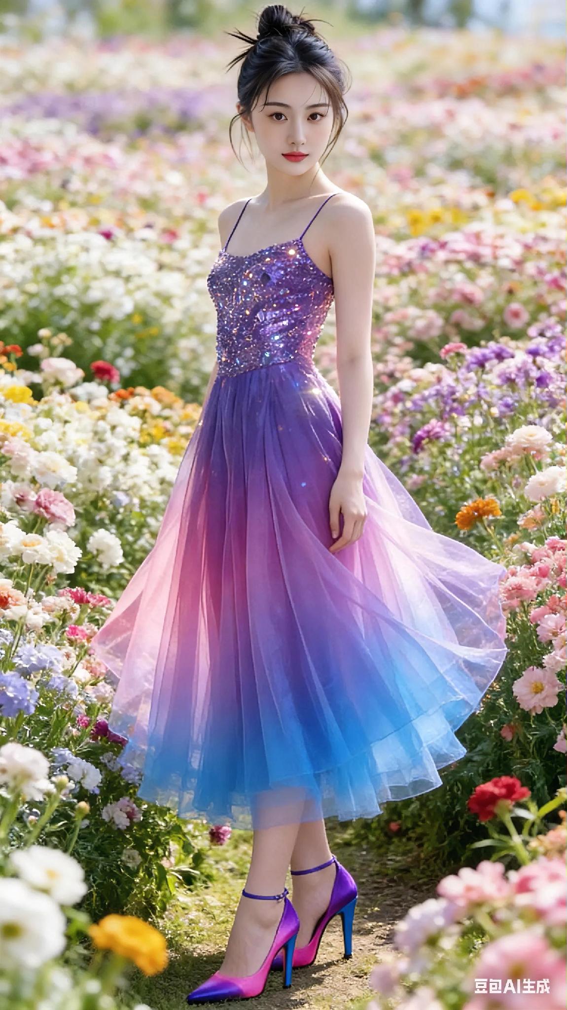 花海中的美女，如诗如画，静美如晨曦中的露珠，轻盈地踏在每一片花瓣上。

美女与花