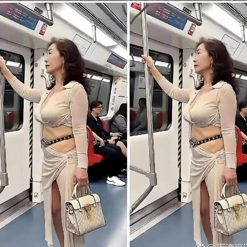 地铁这位阿姨引发不少争议！

妆容精致，穿搭时髦，踩着高跟鞋从容乘坐地铁。

有