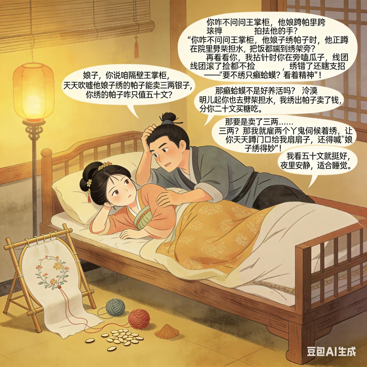 古代夫妻搞笑段子

古时某晚，丈夫翻来覆去睡不着，推了推身旁妻子：“娘子，你说咱