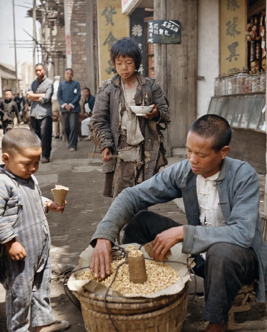 抗战时期，中国城镇街头，卖黄豆的小贩坐在竹筐前，用竹筒当量具，小心翼翼地称量黄豆