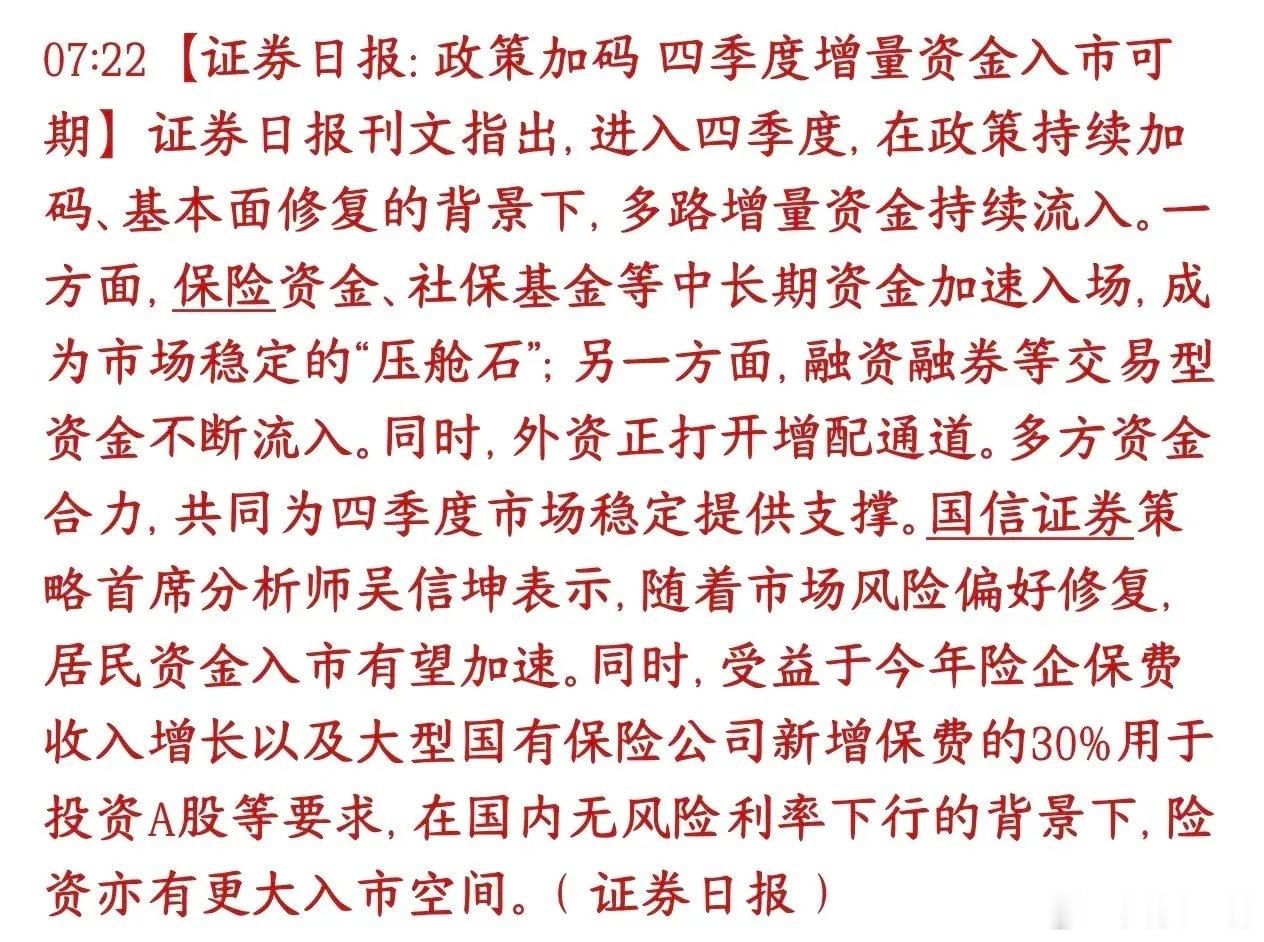 官媒发声，看好四季度的A股的行情证券日报发文观点：四季度政策不断发力，加上经济基