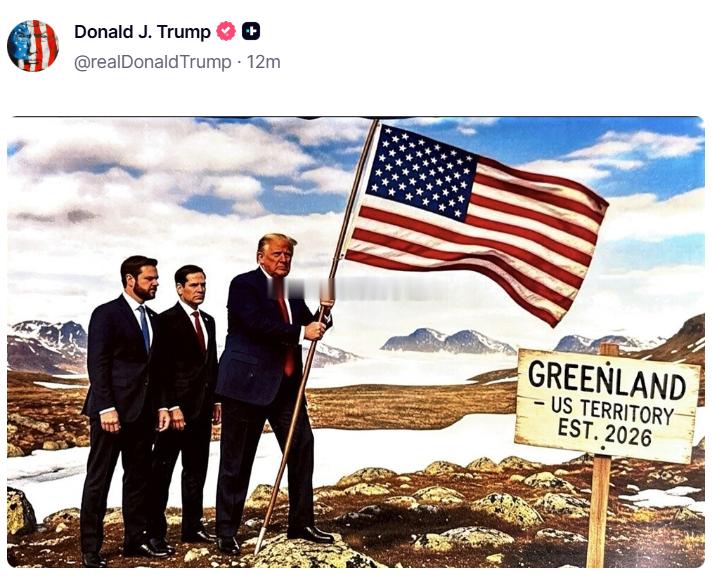 特朗普先后发了两张图，第一张是自己在美国白宫向西方领导人展示披上星条旗的加拿大，