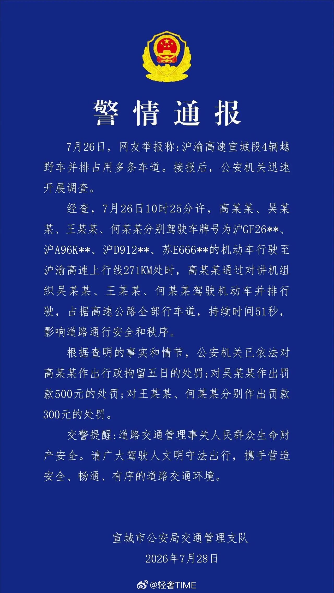 警方通报4辆越野车高速并排占道之前说200块钱对他们“不痛不痒”的肯定没意思，这