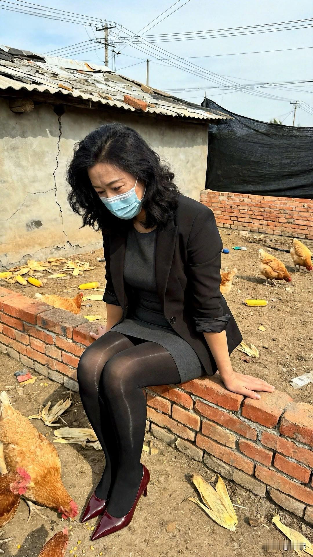 职场女性下乡体验生活，与鸡群亲密互动！