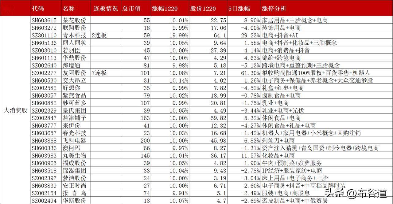 A股12月20日97股股价涨停情况
大消费重新成为主线，其次是电子股、Ai应用
