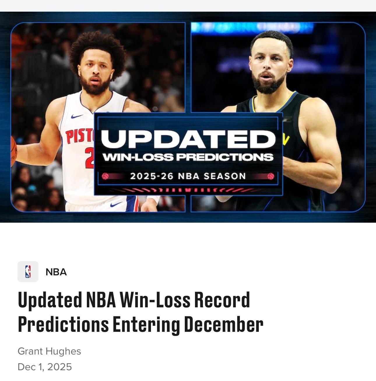 《露天看台》昨天更新了联盟各队常规赛战绩预测，湖人从赛季前的47胜35负调整为5