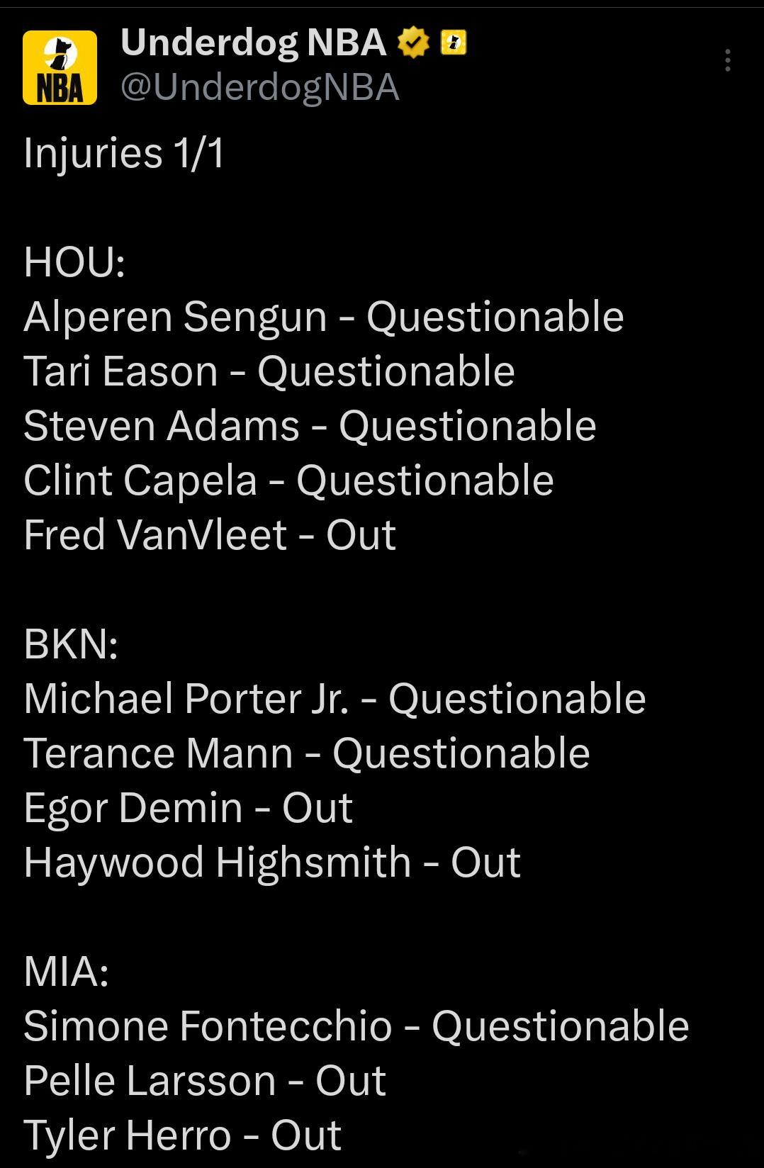 最新伤病名单｜1 月 1 日（北美时间）火箭（HOU）：阿尔佩伦·申京 —— 出