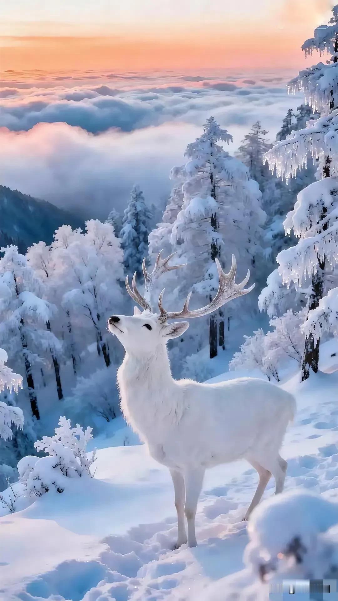 冬日仙境中的白鹿，静谧而美丽。